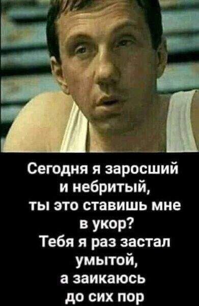 Сегодня я заросший и небритый ты это ставишь мне в укор Тебя я раз застал умьпой а заикаюсь до СИХ ПОР