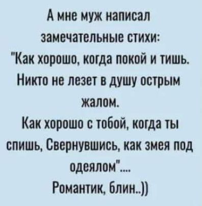 А мне муж написал замечательные стихи Как хорошо когда покой и тишь Никю не лезет в душу острым жалом Как хорошо с тобой когда ты спишь Свериуешись как змея под одеялом Романтик блин