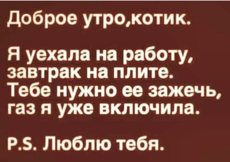 доброе утрокотик Я уехала на работу завтрак на плите Тебе нужно ее зажечь газ я уже включила РБ Люблю тебя