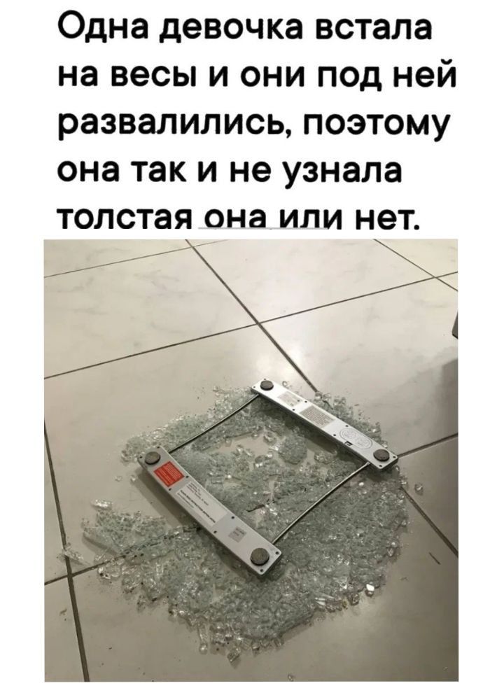 Одна девочка встала на весы и они под ней развалились поэтому она так и не узнала толстая она ИЛИ НЭТ