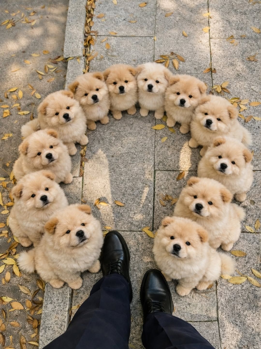 Группа щенков, выстроенных кругом вокруг обуви