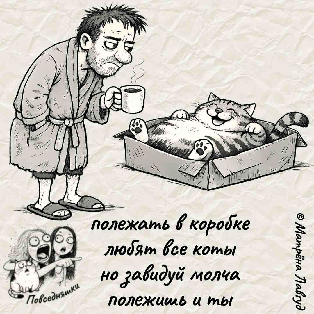 Полежать в коробке любят все коты, но завидуй молча, положишь и ты. Повседневняшки. © Матрёна Павлуд
