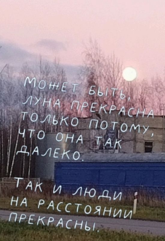 Может быть, луна прекрасна только потому, что она далеко. Так и люди на расстоянии прекрасны.