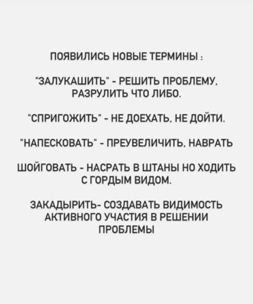 ПОЯВИЛИСЬ НОВЫЕ ТЕРМИНЫ 3АЛУКАШИТЬ РЕШИТЪ ПРОБЛЕМУ РАЗРУЛ ИТЬ ЧТО Л ИБО СПРИГОЖИТЪ НЕ дОЕХАТЬ НЕ дОЙТИ НАПЕСКОЕАТЬ ПРЕУВЕЛИЧИТЬ НАВРАТЬ ШОЙГОБАТЬ НАСРАТЬ В ШТАНЫ НО ХОДИТЬ С ГОРДЫМ ВИДОМ ЭАКАЦЫРИТЬ СОЗДАВАТЬ ВИДИМОСТЬ АКТИВНОГО УЧАСТИЯ В РЕШЕНИИ ПРОБЛЕМЫ