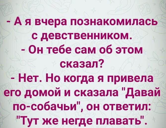 5 1 А я вчера познакомилась _ с девственником Он тебе сам об этом сказал Нет Но когда я привела его домой и сказала давай по собачьи он ответил Тут же негде плавать