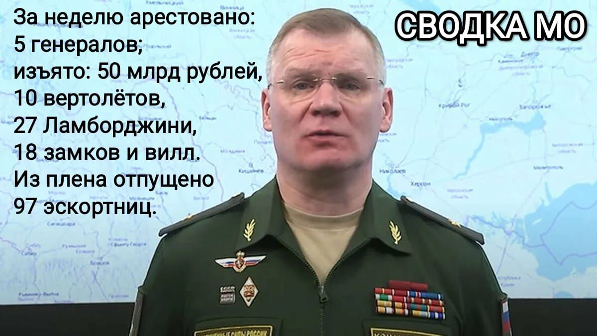 на неделю арестовано _ нев ВФДКАВЮ изьяю 50 млрд рублей 10 вертолётов 27 Ламборджини 13 замков и випп Из плена отпущено 97 эсквртниц э_ и