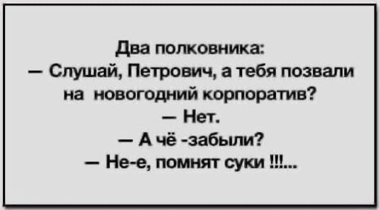 Два полковника Слушай Петрович а тебя позвали на новогодний корпоратив Нет Ачё забыли