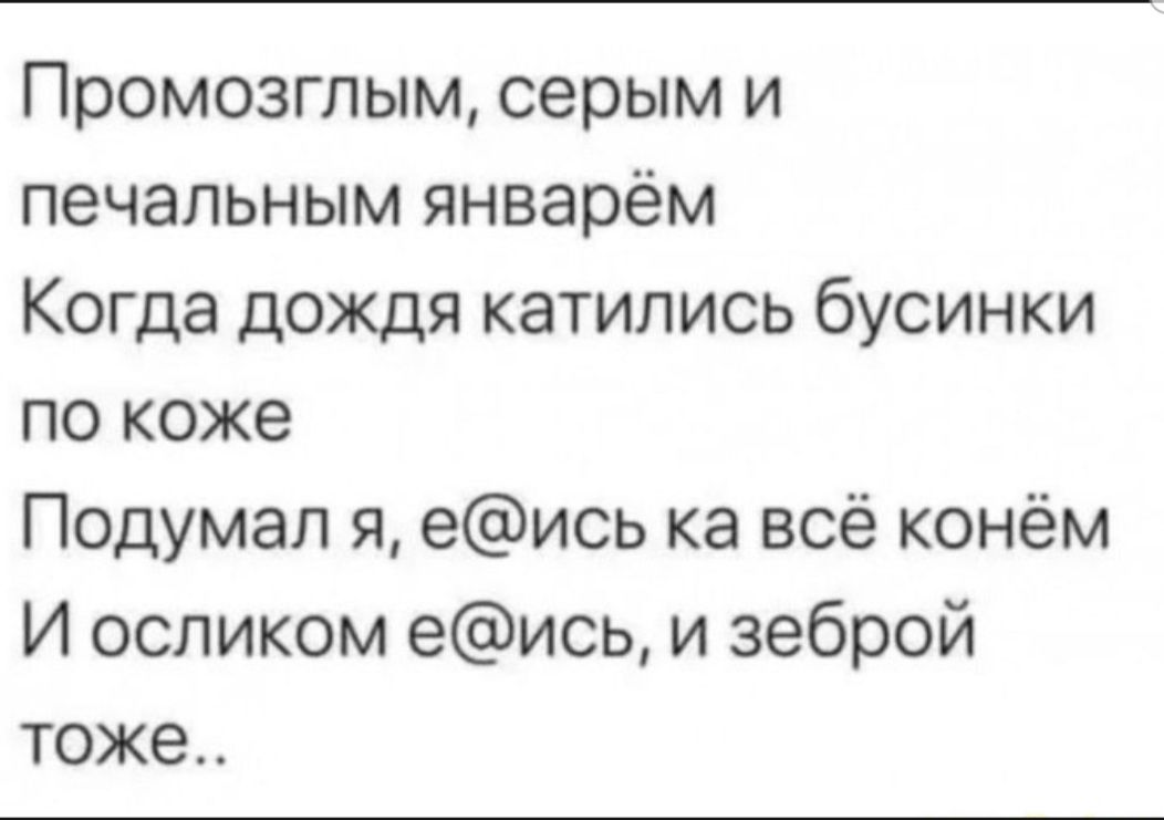 Промозглым серым и печальным январём Когда дождя катились бусинки по коже Подумал я еись ка всё конём И осликом еись и зеброй тоже