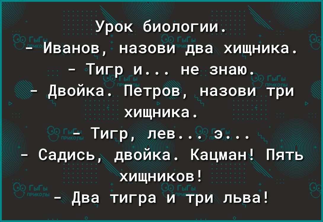 Урок биологии Иванов назови два хищника Тигр и не знаю двойка Петров назови три хищника Тигр лев э Садись двойка Кацман Пять хищников два тигра и три льва