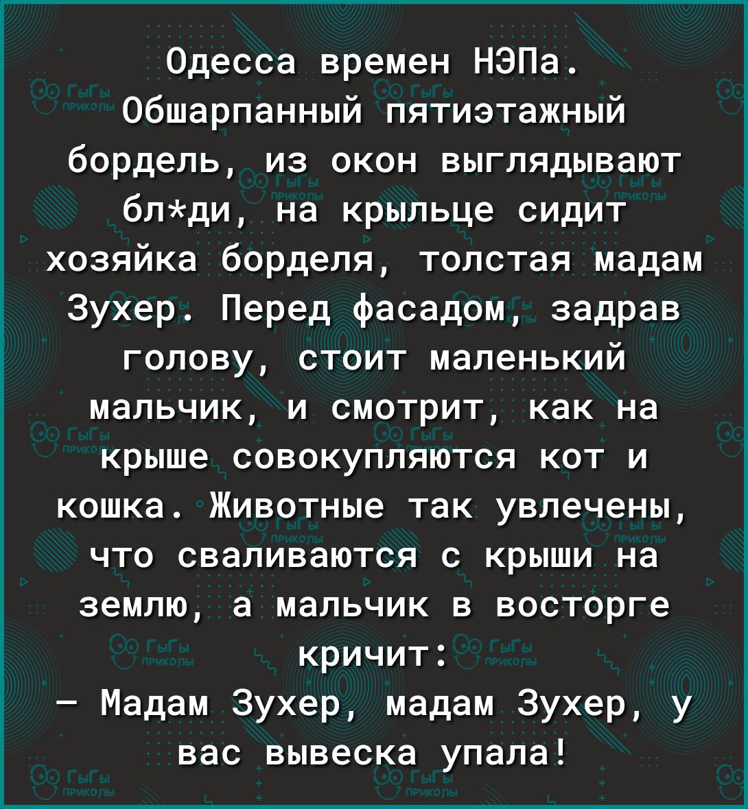 Одесса времен НЭПа Обшарпанный пятиэтажный бордель из окон выглядывают бпди на крыльце сидит хозяйка борделя толстая мадам Зухер Перед фасадом задрав голову стоит маленький мальчик и смотрит как на крыше совокупляются кот и кошка Животные так увлечены ЧТО СВЭПИВЗЮТСЯ С КРЫШИ На землю а мальчик в восторге кричит Мадам 3ухер мадам Зухер у вас вывеска упала