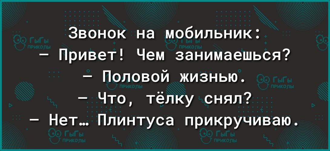 Звонок на мобильник Привет Чем занимаешься Поповой жизнью Что тёлку снял Нет Плинтуса прикручиваю