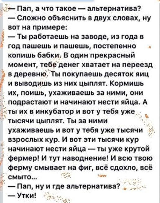 _ Пап а что такое альтернатива Сложно объяснить в двух словах ну вот на примере Ты работаешь на заводе из года в год пашешь и пашешь постепенно копишь бабки В один прекрасный момент тебе денег хватает на переезд в деревню Ты покупаешь десяток яиц и выводишь из них цыплят Кормишь их поищи ухаживаешь за ними они подрастают и начинают нести яйца А ты их в инкубатор и вот у тебя уже тысячи цыплят Ты з