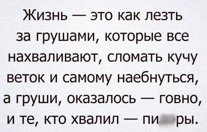 Жизнь это как лезть за грушами которые все нахваливают сломать кучу веток и самому наебнуться а груши оказалось говно и те кто хвалил пидоры