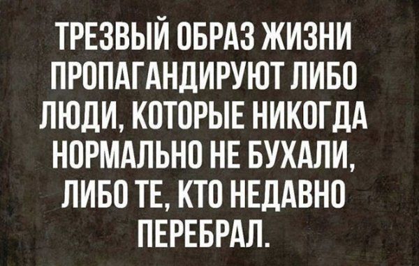 ТРЕЗВЫИ ОБРАЗ ЖИЗНИ ПРОПАГАНДИРУЮТ ЛИБО ЛЮДИ КОТОРЫЕ НИКОГДА НОРМАЛЬНО НЕ БУХАЛИ ЛИБО ТЕ КТО НЕДАВНО ПЕРЕБРАЛ