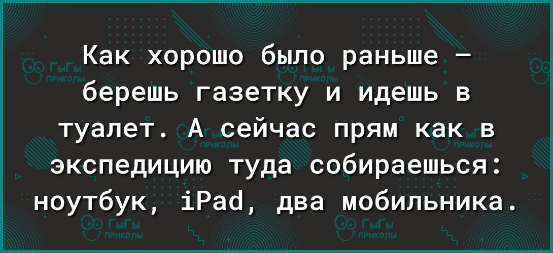 Как хорошо было раньше берешь газетку и идешь в туалет А сейчас прям как в экспедицию туда собираешься ноутбук іРасі два мобильника