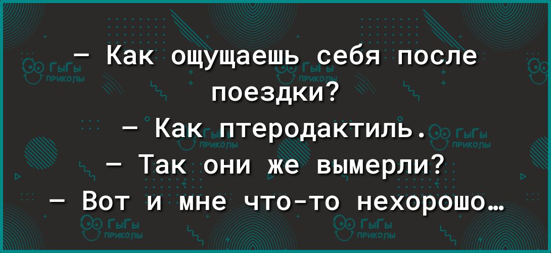 Как ощущаешь себя после поездки Как птеродактипь Так они же вымерли Вот и мне чтото нехорошо