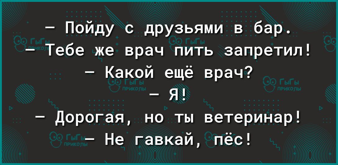 Пойду друзьями в бар Тебе же врач пить запретил Какой ещё врач Я дорогая но ты ветеринар Не гавкай пёс