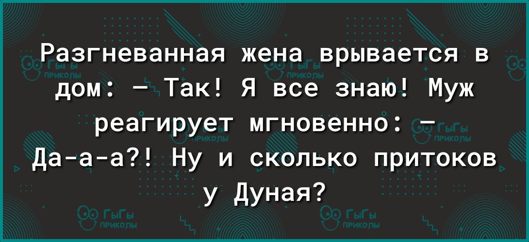 Разгневанная ЖЕНЕ врывается В дом Так Я все знаю Муж реагирует мгновенно да а а Ну и сколько притоков у дуная