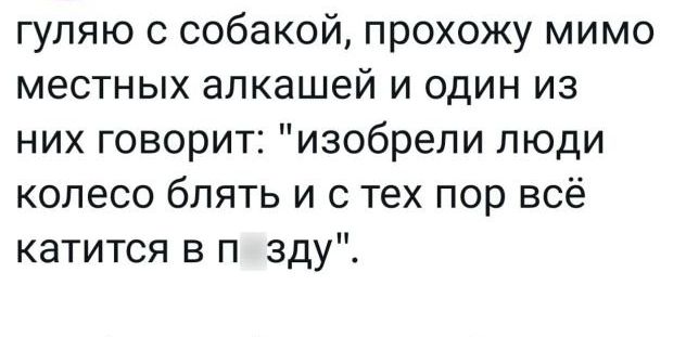 гуляю с собакой прохожу мимо местных алкашей и один из них говорит изобрели люди колесо блять и с тех пор всё катится в п зду