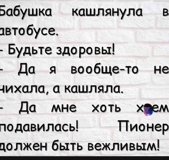 Бабушка кашлянула в автобусе Будьте здоровы Да я вообщето не чихала а кашляла Да мне хоть хзм подавилась Пионер должен быть вежливым