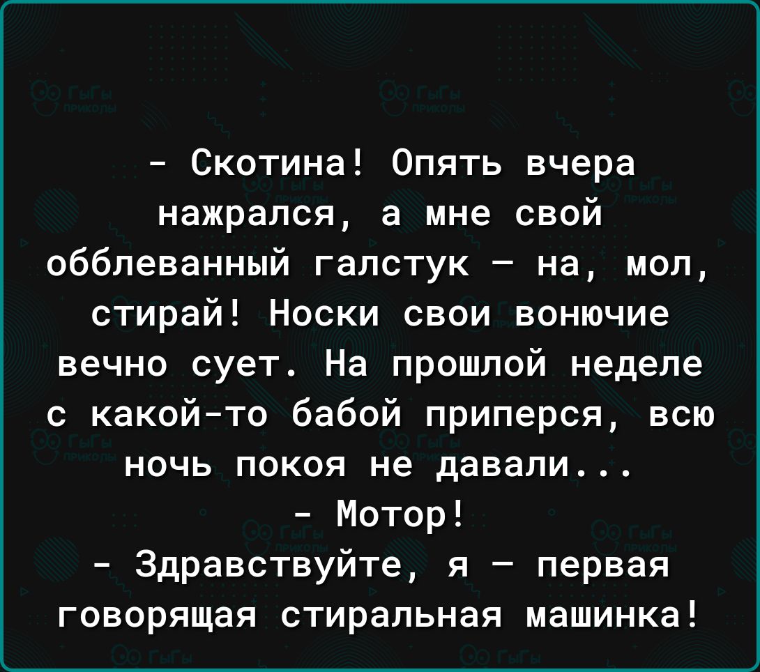 Скотина Опять вчера нажрался а мне свой обблеванный галстук на мол стирай Носки свои вонючие вечно сует4 На прошлой неделе с какойто бабой приперся всю НОЧЬ ПОКОЯ не давали Мотор Здравствуйте я первая Говорящая СТИРЗЛЬНЗЯ машинка