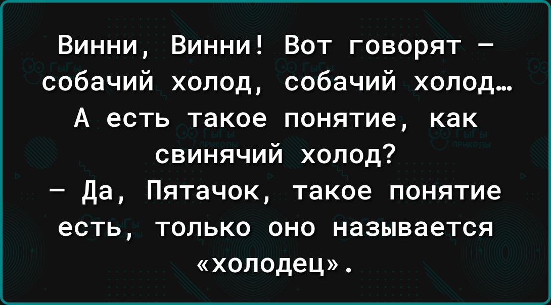 Винни Винни Вот говорят собачий холод собачий холод А есть такое понятие как свинячий холод Да Пятачок такое понятие есть только оно называется холодец