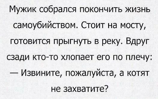 Мужик собрался покончить жизнь самоубийством Стоит на мосту готовится прыгнуть в реку Вдруг сзади кто то хлопает его по плечу Извините пожалуйста а котят не захватите