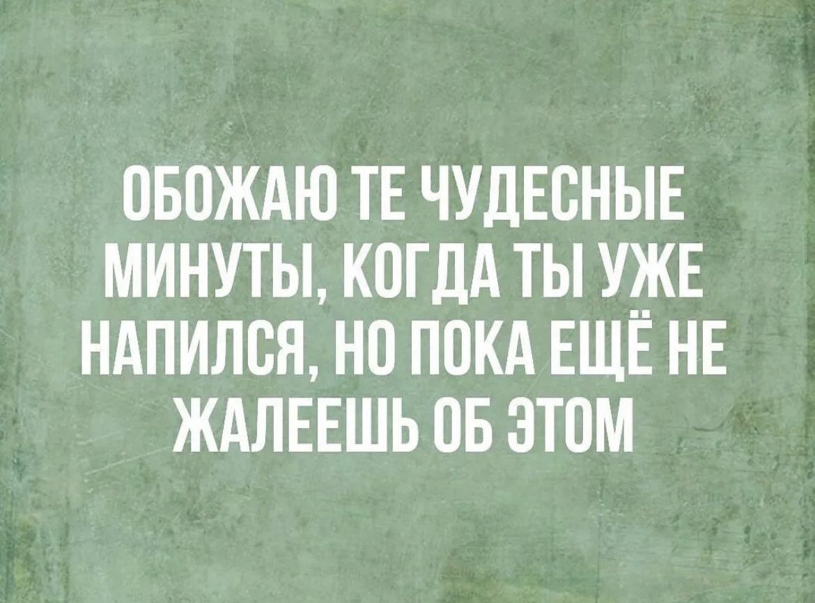 ОБОЖАЮ ТЕ ЧУДЕОНЫЕ МИНУТЫ КОГДА ТЫ УЖЕ НАПИЛОЯ НО ПОКА ЕЩЕ НЕ ЖАЛЕЕШЬ ОБ ЭТОМ