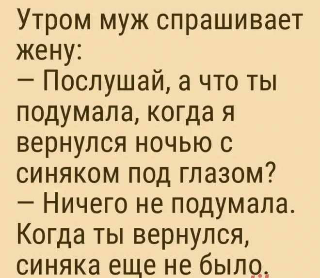 Утром муж спрашивает жену Послушай а что ты подумала когда я вернулся ночью с синяком под глазом Ничего не подумала Когда ты вернулся синяка еще не было