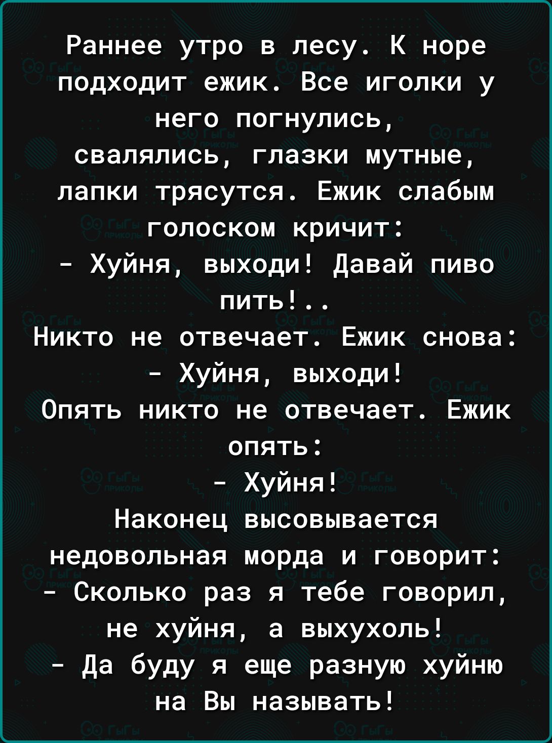 Раннее утро в лесу К норе подходит ежик Все иголки у него погнулись СБаЛЯПИСЬ ГПЗЗКИ мутные лапки трясутся Ежик слабым голоском кричит Хуйня выходи давай пиво пить Никто не отвечает Ежик снова Хуйня выходи Опять никто не отвечает Ежик опять Хуйня Наконец высовывается недовольная морда и говорит Сколько раз я тебе говорил не хуйня а выхухоль да буду я еще разную хуйню на Вы называть