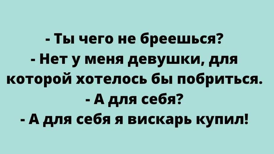 Ты чего не бреешься Нет у меня девушки для которой хотелось бы побриться А для себя А для себя я вискарь купил