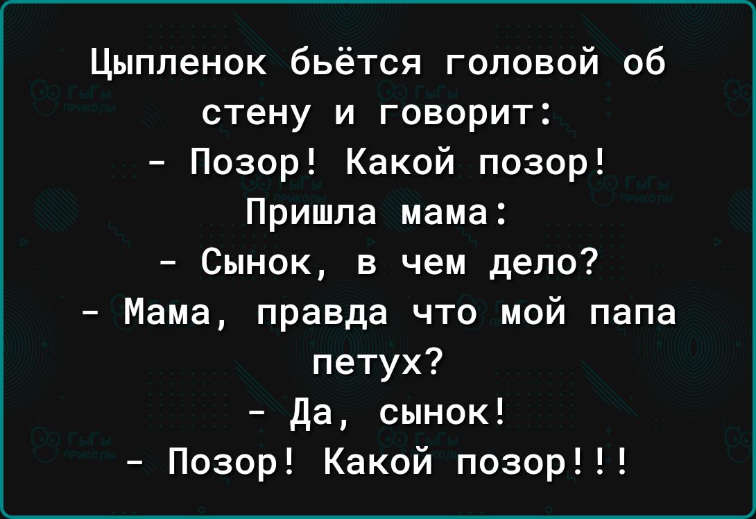 Цыпленок бьётся головой об стену и говорит Позор Какой позор Пришла мама Сынок в чем дело Мама правда что мой папа петух да сынок Позор Какой позор