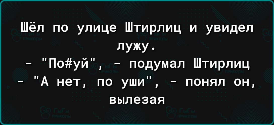 Шёл по улице Штирлиц и увидел лужу Поуй подумал Штирлиц А нет по уши понял он вылезая