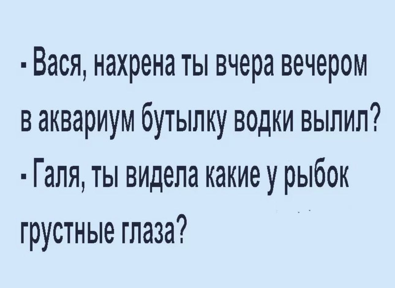 Вася нахрена ты вчера вечером ваквариум бутылку водки вылил Галя ты видела какие у рыбок грустные глаза