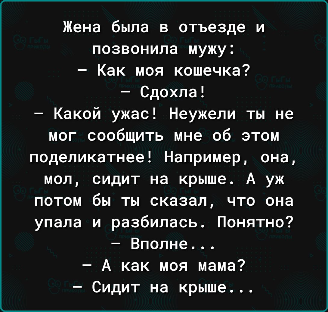 Жена была в отъезде и позвонила мужу Как моя кошечка Сдохла Какой ужас Неужели ты не мог сообщить мне об этом подепикатнее Например она мол сидит на крыше А уж потом бы ты сказал что она упала и разбилась Понятно Вполне А как моя мама Сидит на крыше