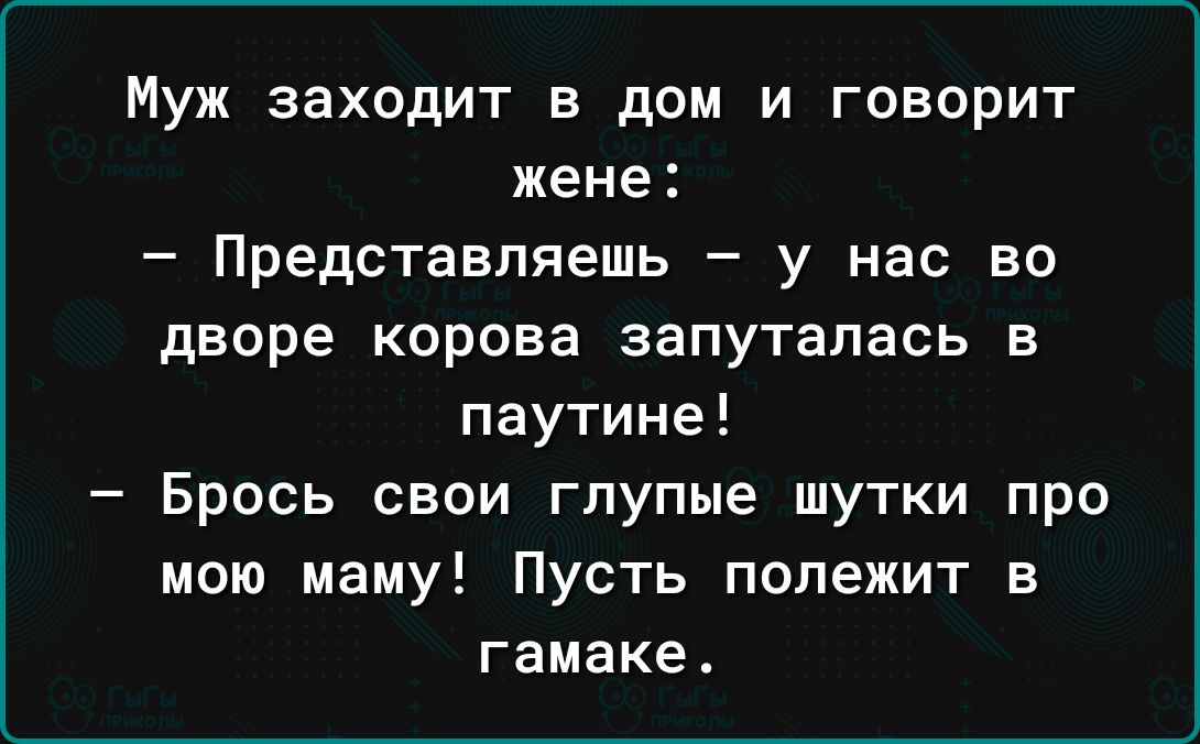 Муж заходит в дом и говорит жене Представляешь у нас во дворе корова запуталась в паутине Брось свои глупые шутки про мою маму Пусть попежит в гамаке