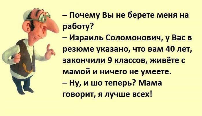 Почему Вы не берете меня на работу Израиль Соломонович у Вас в резюме указано что вам 40 лет зікоичипи 9 классов живёте мамой и ничего не умеете Ну и шо теперь Мама говорит в лучше все