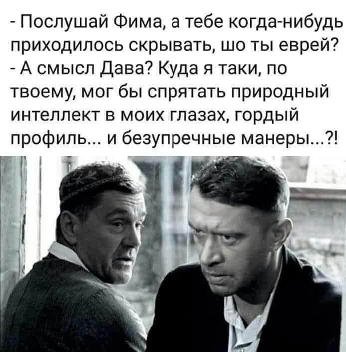 Послушай Фима а тебе когданибудь приходилось скрывать шо ты еврей А смысл Дааа Куда я таки по твоему мог бы спрятать природный интеллект в моих глазах гордый профиль и безупречные манеры