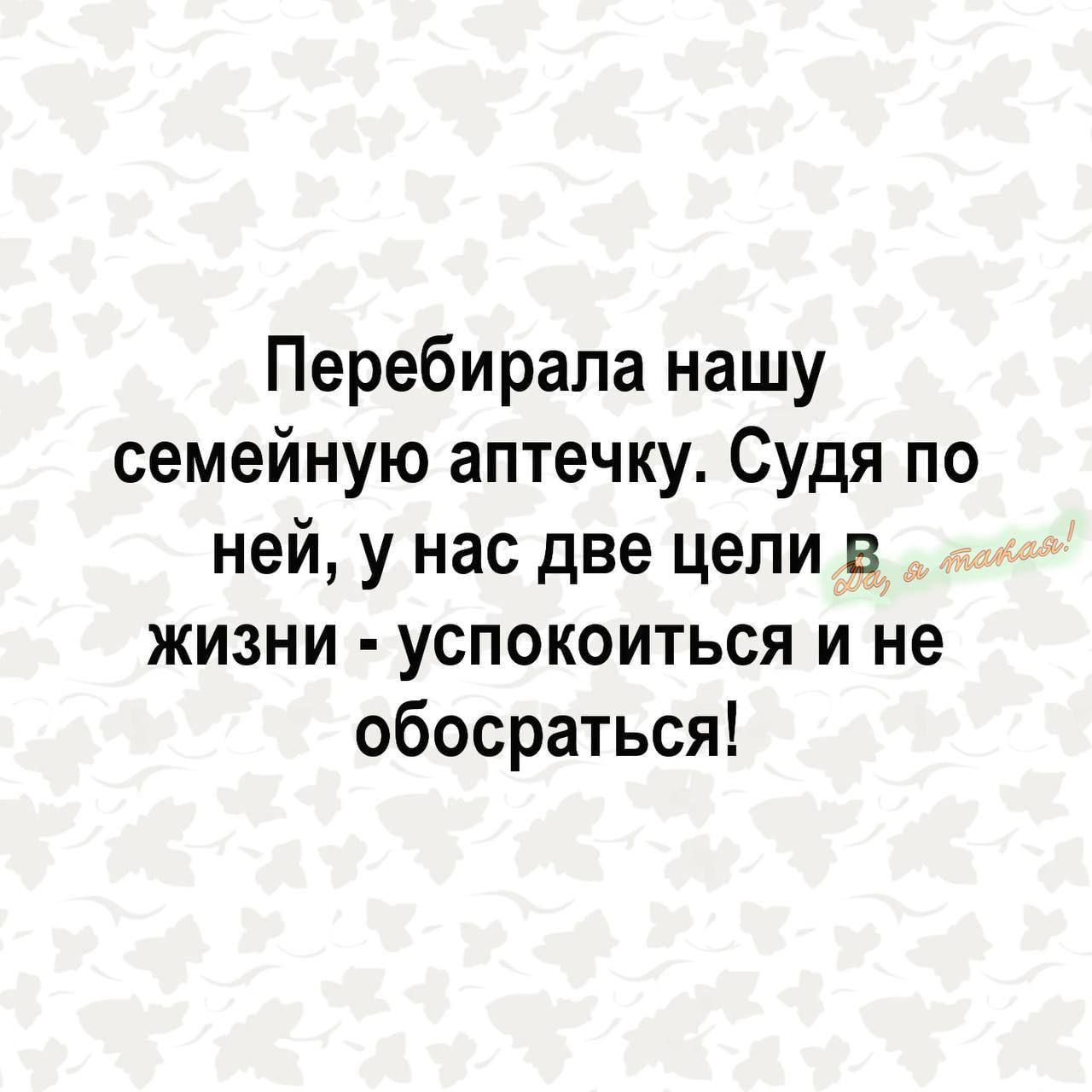 Перебирапа нашу семейную аптечку Судя по ней у нас две цели в жизни успокоиться и не обосраться