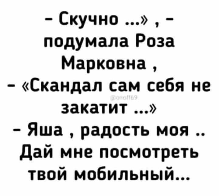 Скучно подумала Роза Марковна Скандал сам себя не закатит Яша радость моя Дай мне посмотреть твой мобильный