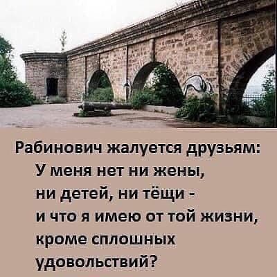 Рабинович жалуется друзьям У меня нет ни жены ни детей ни тёщи и что я имею от той жизни кроме сплошных удовольствий