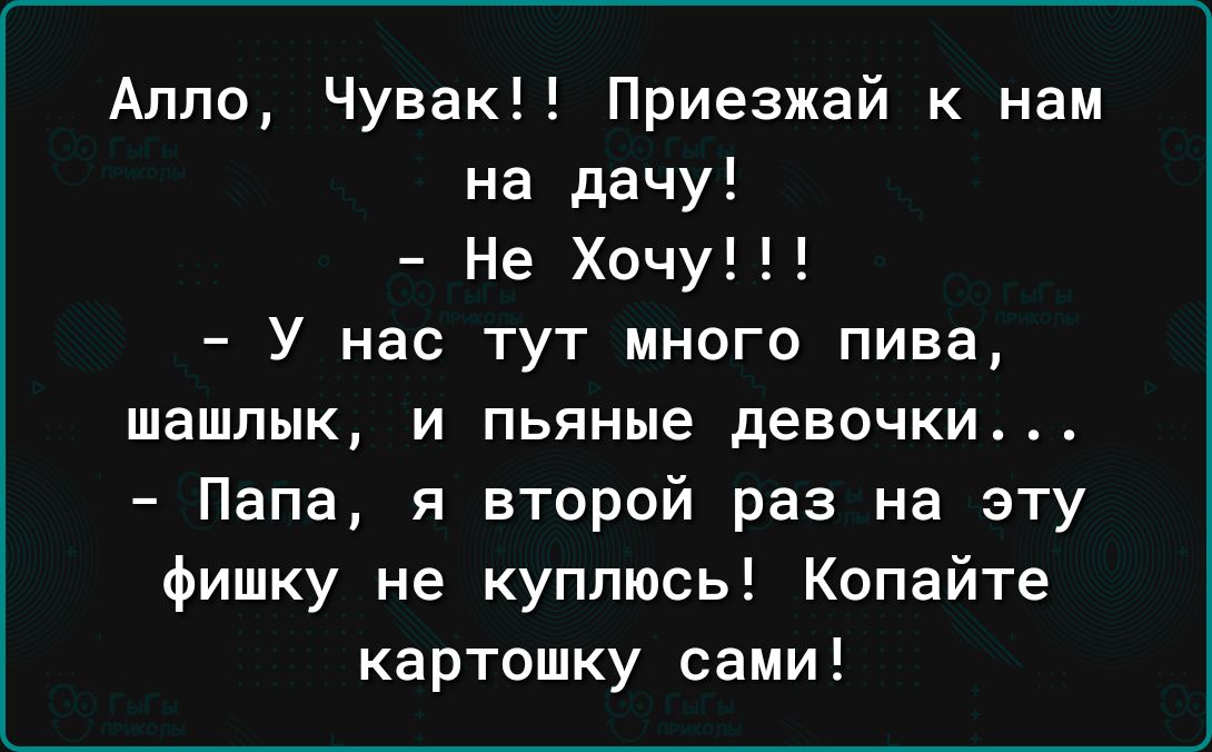 Аппо Чувак Приезжай к нам на дачу Не Хочу У нас тут много пива шашлык и пьяные девочки Папа я второй раз на эту фишку не куплюсь Копайте картошку сами