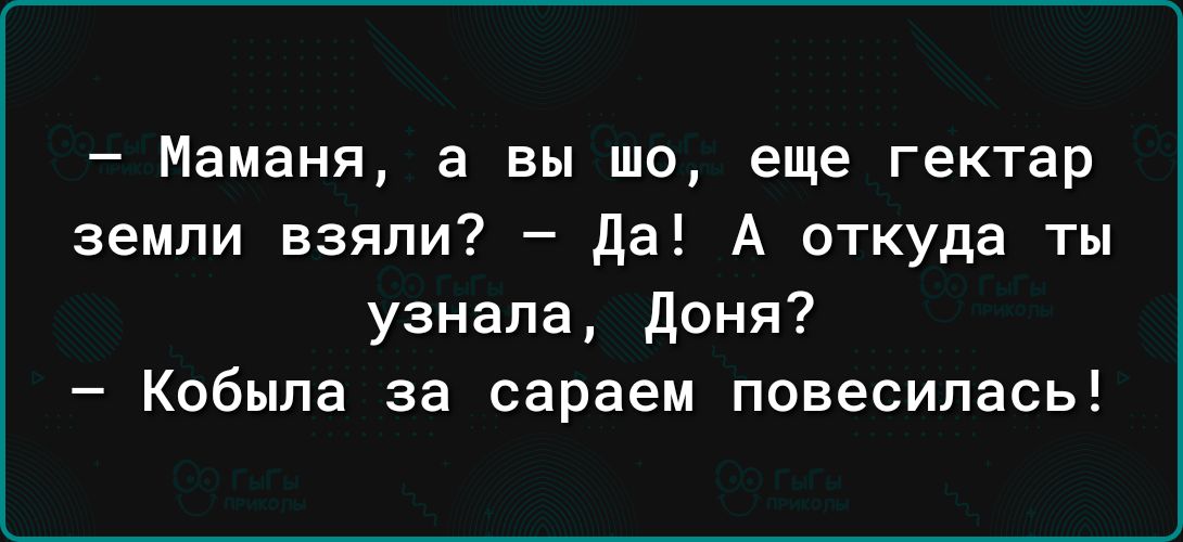 Маманя а вы шо еще гектар земли взяли да А откуда ты узнала доня Кобыла за сараем повесилась