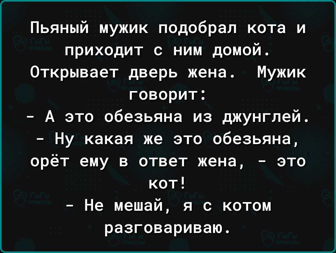 Пьяный мужик подобрал кота и приходит с ним домой Открывает дверь жена Мужик говорит А это обезьяна из джунглей Ну какая же это обезьяна орёт ему в ответ жена это кот Не мешай я с котом разговариваю