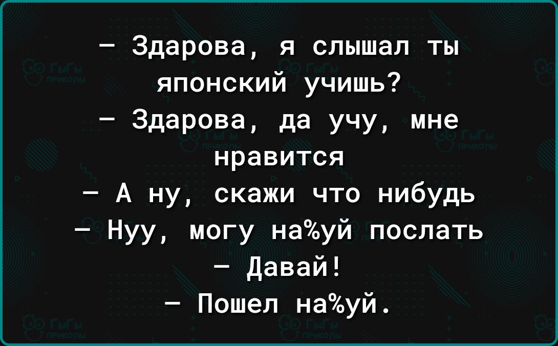 Здарова я слышал ты японский учишь Здарова да учу мне нравится А ну скажи что нибудь Нуу могу науй поспать давай Пошел науй