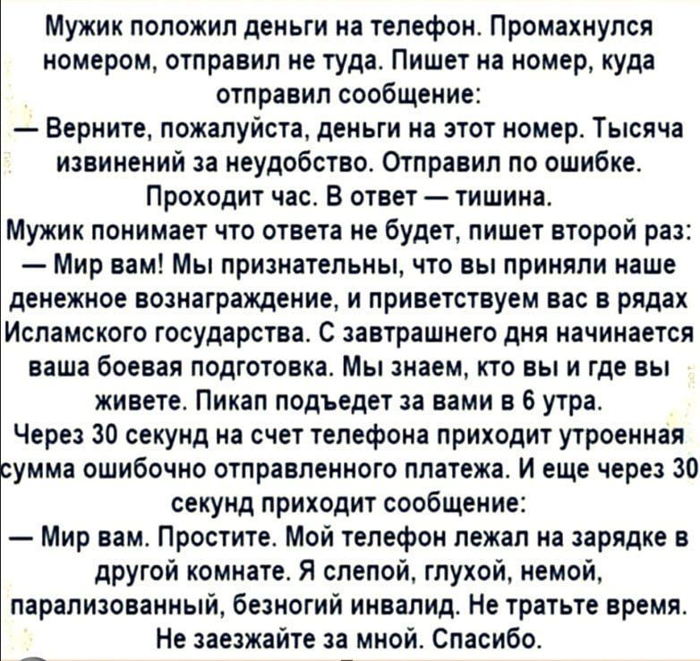 Мужик положил деньги на телефон Промахиупся номером отправил не туда Пишет на номер куда отправил сообшение Верните пожалуйста деньги на этот номер Тысячи извинений за неудобство Отправил по ошибке Проходит час В ответ тишина Мужик понимает что ответа не будет пишет второй раз Мир нам Мы признательны что вы приняли иаше денежное вознаграждение и приветствуем вас в рядак Исламского государства С за