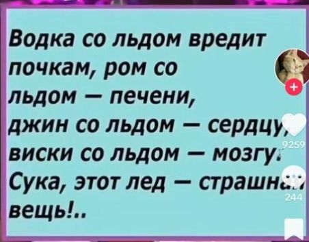 Водка со льдом вредит почкам ром со льдом печени джин со льдом сердцу виски со льдом мозгу Сука этот лед страшно вещь