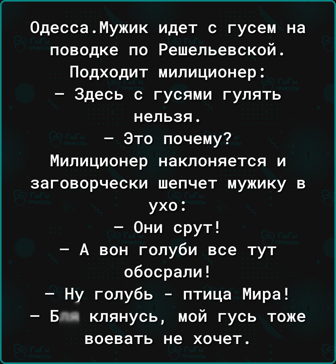 0дессаМужик идет с гусем на поводке по Решепьевской Подходит милиционер Здесь с гусями гулять нельзя Это почему Милиционер наклоняется и заговорчески шепчет мужику в ухо Они срут А вон голуби все тут обосрали Ну голубь птица Мира Бпя клянусь мой гусь тоже воевать не хочет