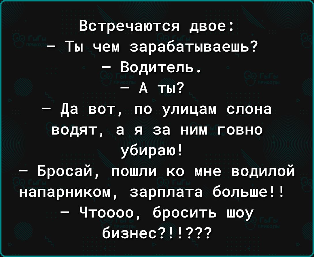 Встречаются двое Ты чем зарабатываешь Водитель А ты да вот по улицам слона водят а я за ним говно убираю Бросай пошли ко мне водипой напарником зарплата больше Чтоооо бросить шоу бизнес