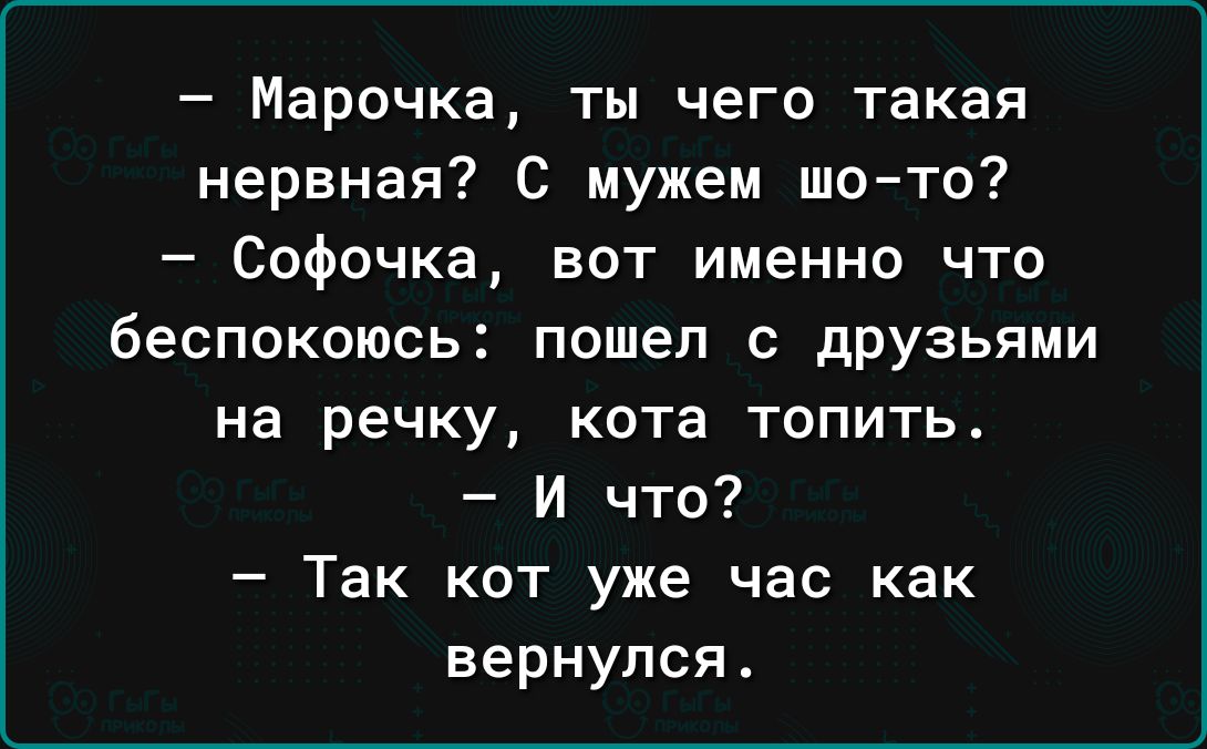 Марочка ты чего такая нервная с мужем шото Софочка вот именно что беспокоюсь пошел с друзьями на речку кота топить И что Так кот уже час как вернулся